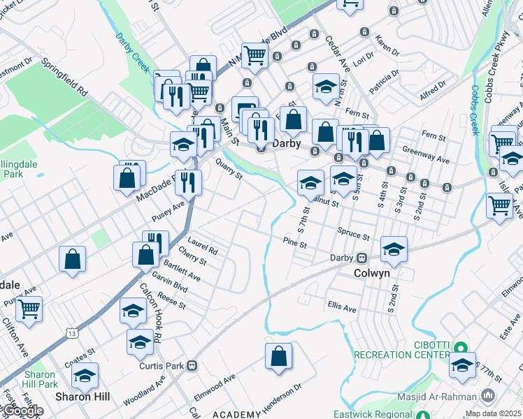 map of restaurants, bars, coffee shops, grocery stores, and more near 240 Mill Street in Darby