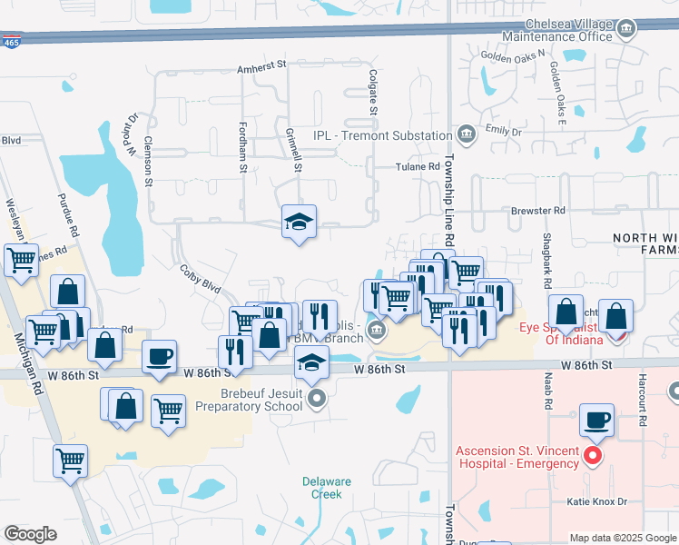 map of restaurants, bars, coffee shops, grocery stores, and more near 2736 Wooded Glen Court in Indianapolis