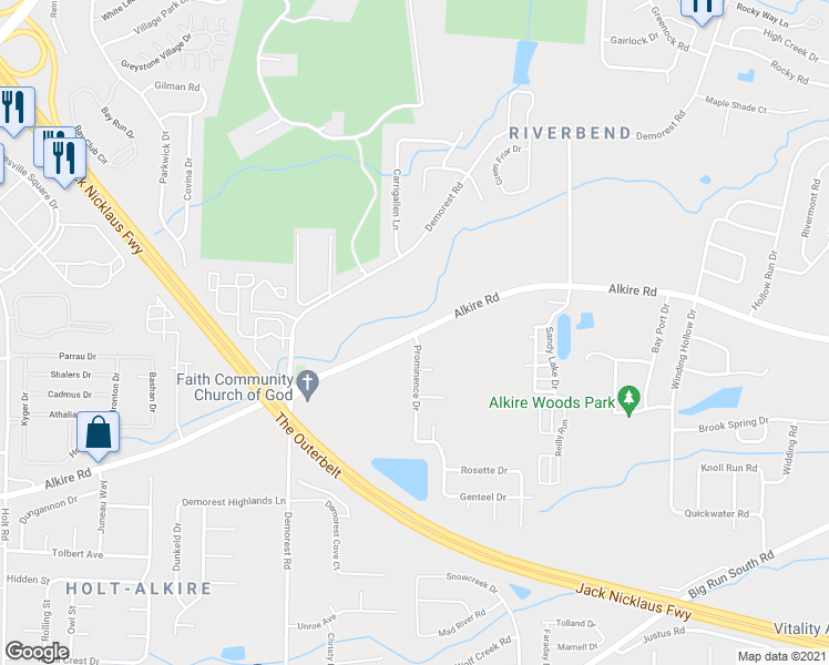 map of restaurants, bars, coffee shops, grocery stores, and more near Alkire Rd & Prominence Dr in Franklin