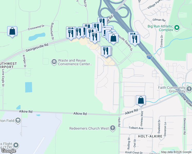 map of restaurants, bars, coffee shops, grocery stores, and more near 1855 Brandigen Lane in Columbus