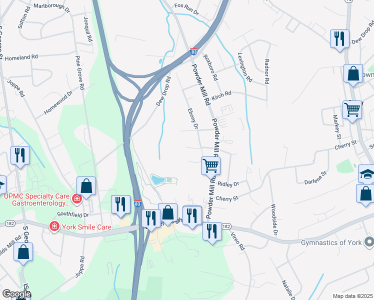 map of restaurants, bars, coffee shops, grocery stores, and more near 168 Vinmar Drive in York