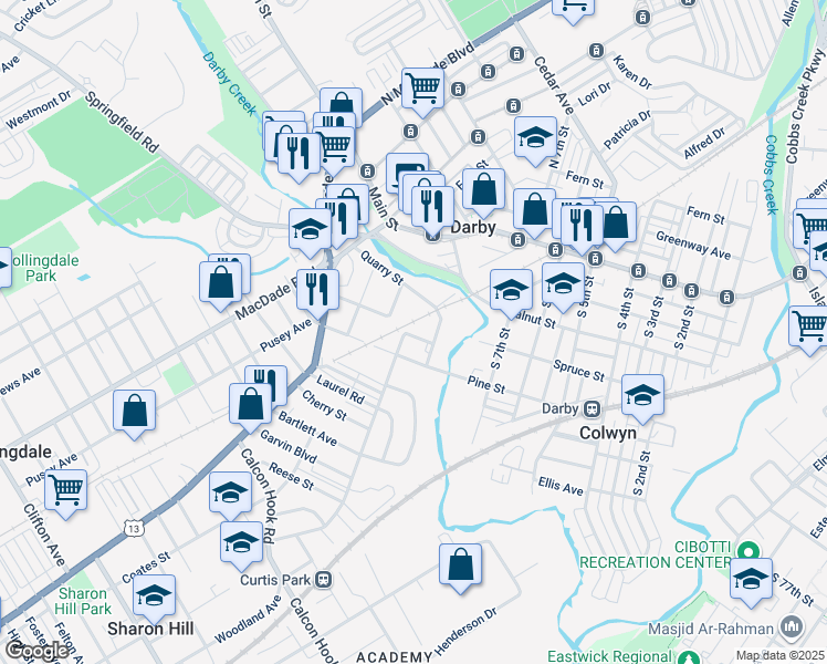 map of restaurants, bars, coffee shops, grocery stores, and more near 925 Lawrence Avenue in Darby