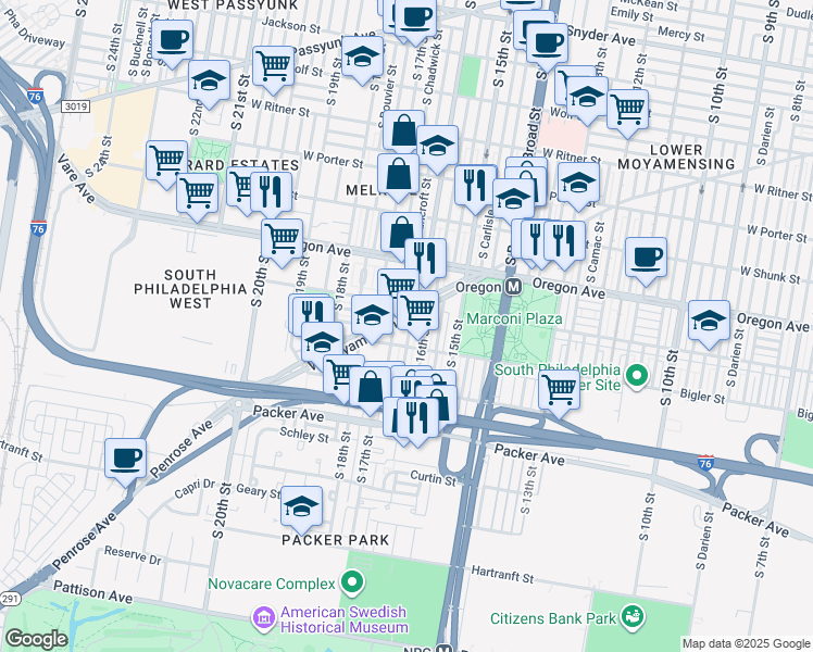 map of restaurants, bars, coffee shops, grocery stores, and more near 2840 South Smedley Street in Philadelphia