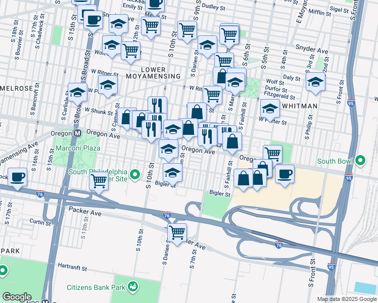 map of restaurants, bars, coffee shops, grocery stores, and more near 2702 South 8th Street in Philadelphia