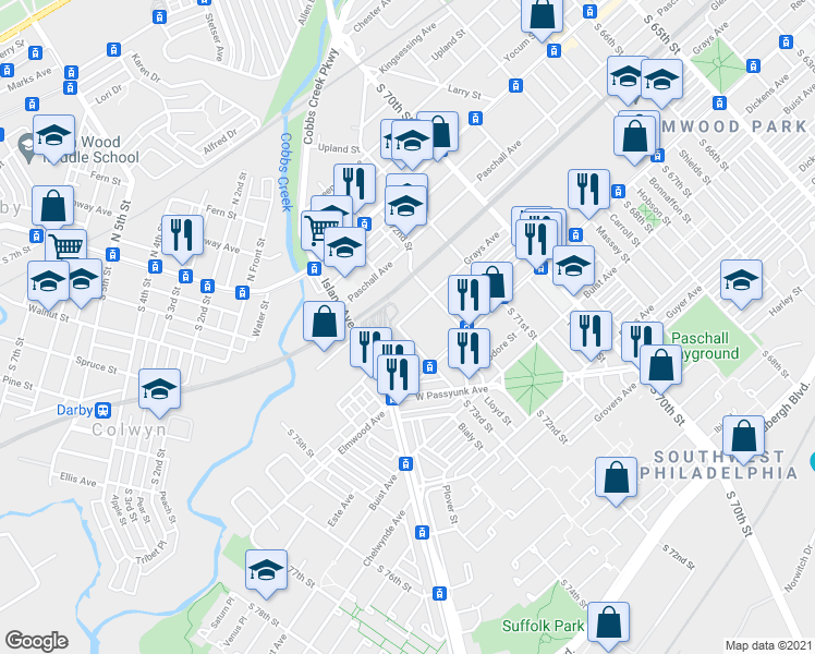 map of restaurants, bars, coffee shops, grocery stores, and more near 7252 Grays Avenue in Philadelphia