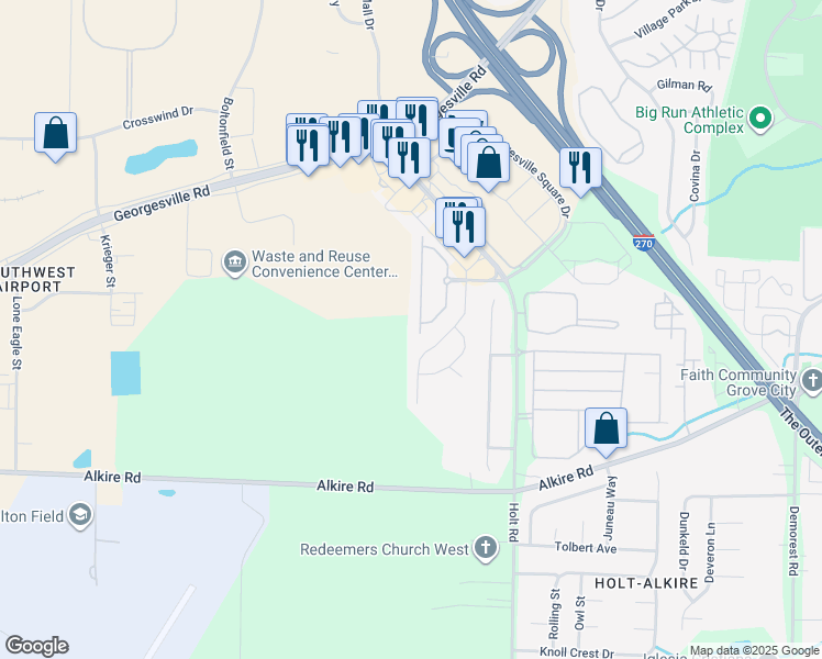map of restaurants, bars, coffee shops, grocery stores, and more near 1989 Berrancher Drive in Columbus