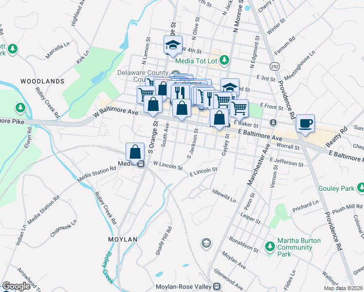 map of restaurants, bars, coffee shops, grocery stores, and more near 10 West Jefferson Street in Media