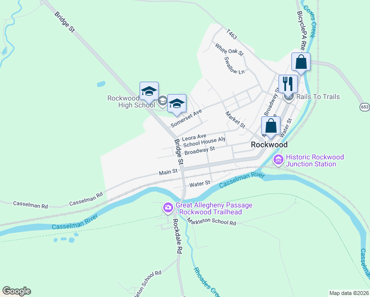 map of restaurants, bars, coffee shops, grocery stores, and more near 410 Broadway Street in Rockwood