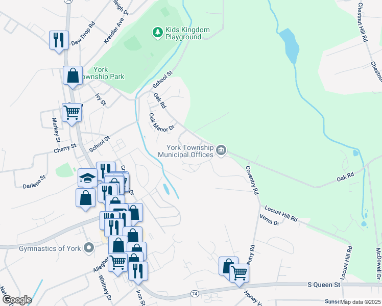 map of restaurants, bars, coffee shops, grocery stores, and more near 152 Oak Ridge Lane in Dallastown