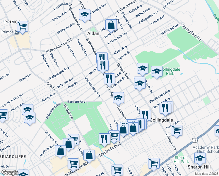 map of restaurants, bars, coffee shops, grocery stores, and more near 925 Chestnut Street in Collingdale