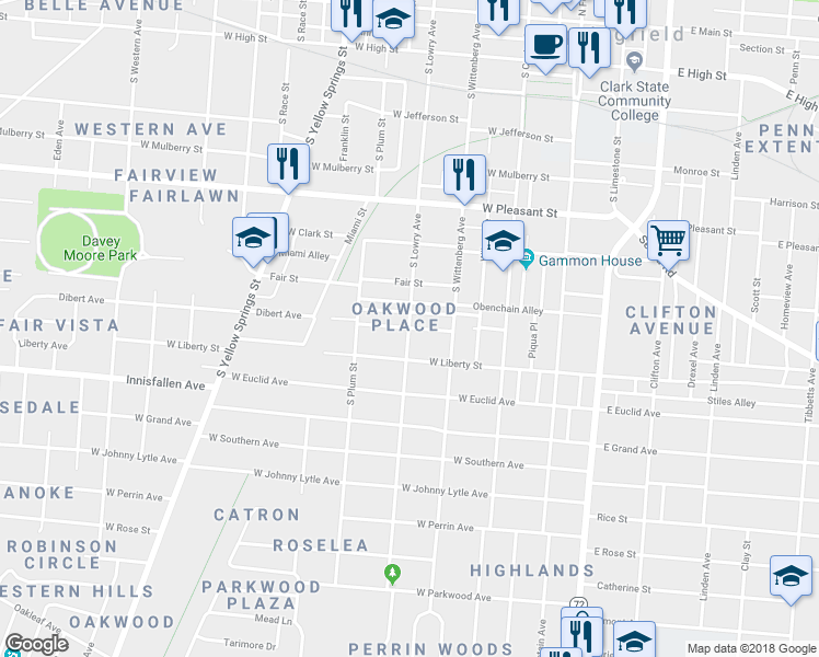 map of restaurants, bars, coffee shops, grocery stores, and more near 299 Oakwood Place in Springfield