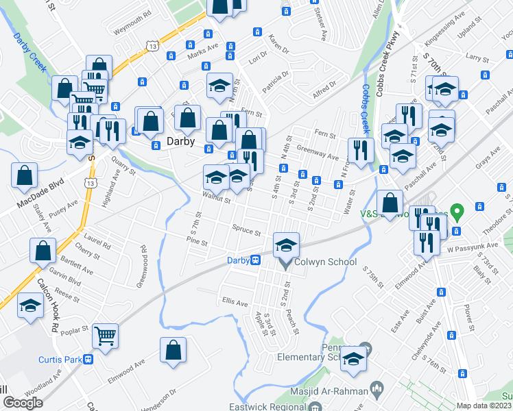 map of restaurants, bars, coffee shops, grocery stores, and more near 421 Walnut Street in Darby