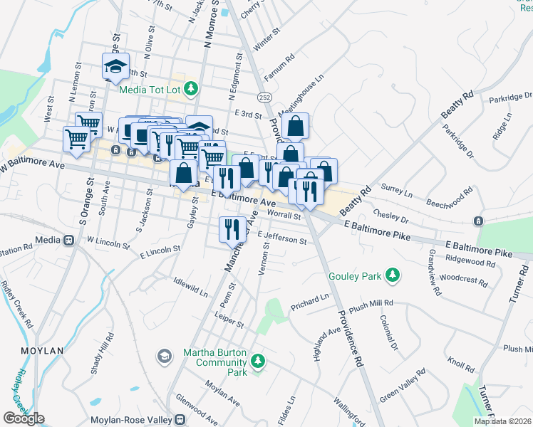 map of restaurants, bars, coffee shops, grocery stores, and more near 302 Vernon Street in Media