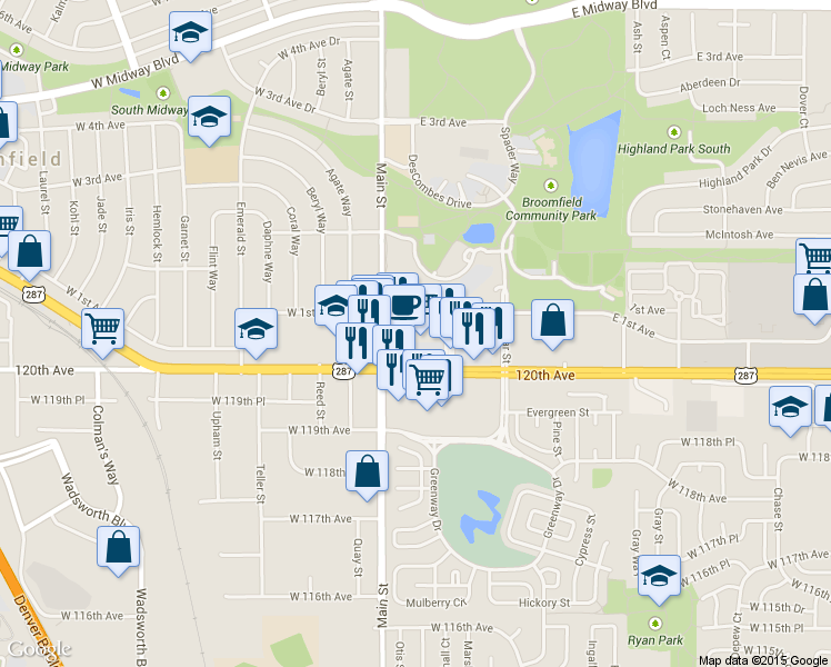 map of restaurants, bars, coffee shops, grocery stores, and more near 6775 West 120th Avenue in Broomfield