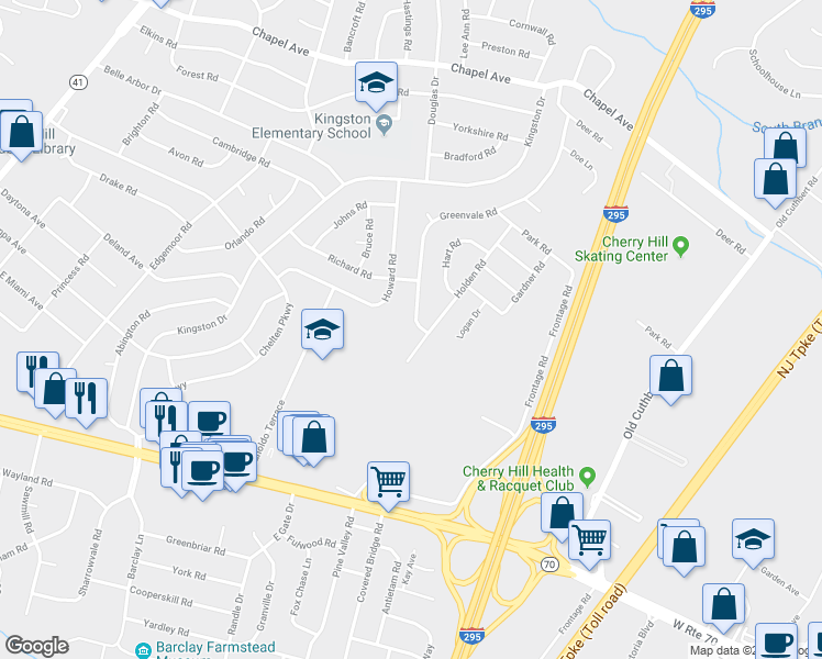 map of restaurants, bars, coffee shops, grocery stores, and more near 147 Greenvale Road in Cherry Hill