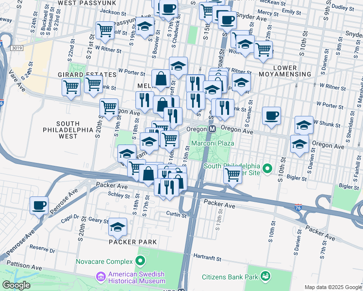 map of restaurants, bars, coffee shops, grocery stores, and more near 2849 South Sydenham Street in Philadelphia
