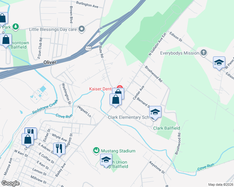 map of restaurants, bars, coffee shops, grocery stores, and more near 491 North Gallatin Avenue in Uniontown