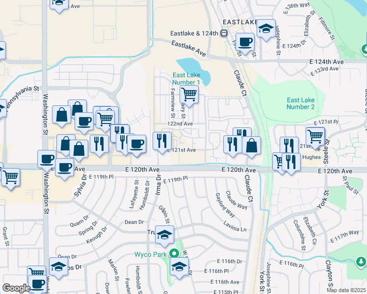 map of restaurants, bars, coffee shops, grocery stores, and more near 1801 East 121st Avenue in Northglenn