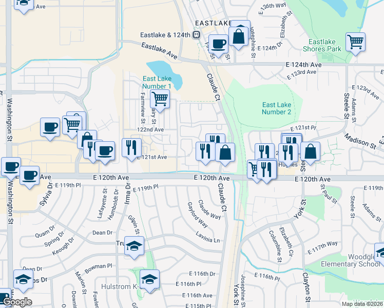 map of restaurants, bars, coffee shops, grocery stores, and more near 12150 Race Street in Northglenn