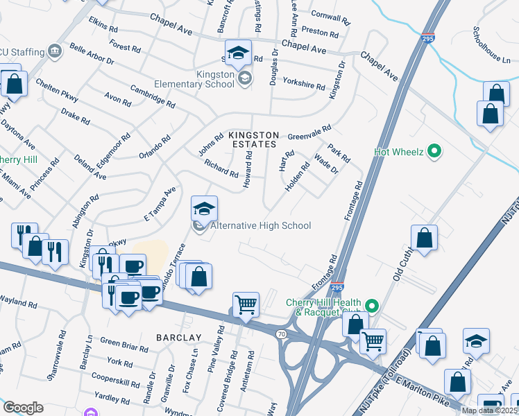 map of restaurants, bars, coffee shops, grocery stores, and more near 147 Greenvale Road in Cherry Hill