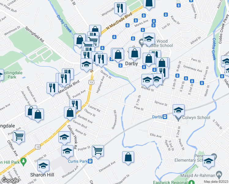 map of restaurants, bars, coffee shops, grocery stores, and more near 925 Lawrence Avenue in Darby