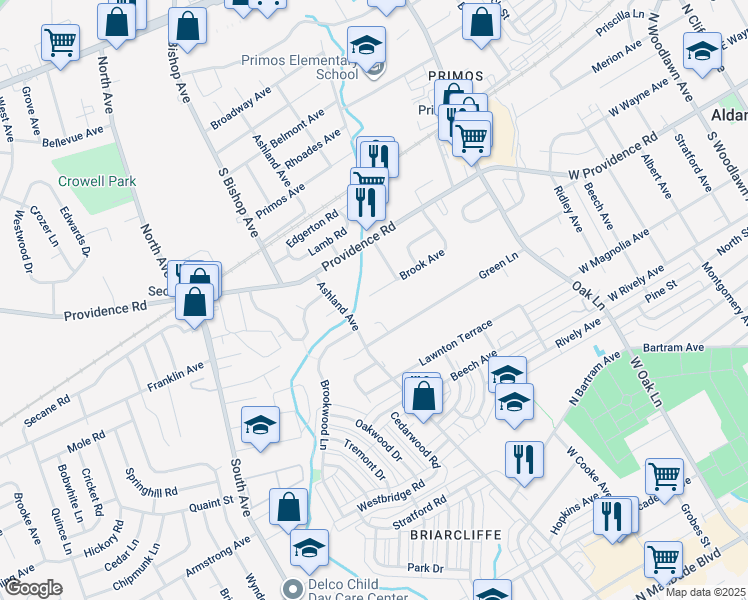 map of restaurants, bars, coffee shops, grocery stores, and more near 1012 Brook Avenue in Clifton Heights