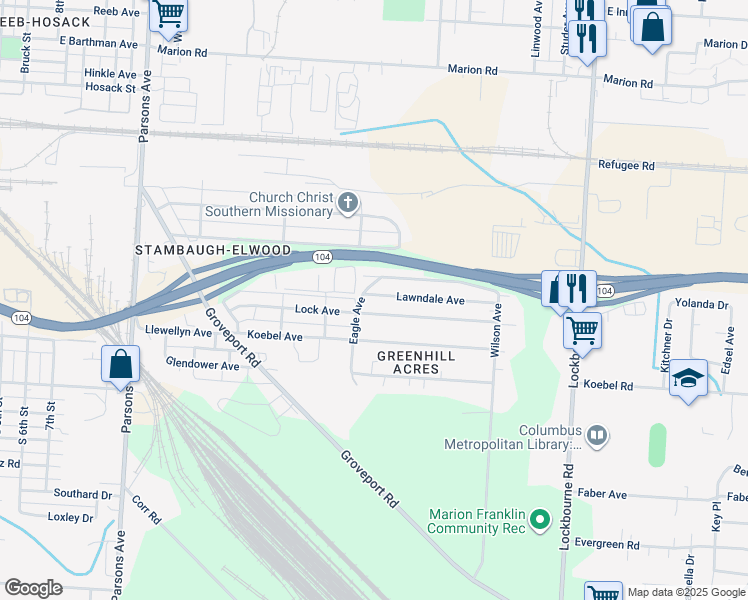 map of restaurants, bars, coffee shops, grocery stores, and more near 757 Lawndale Avenue in Columbus