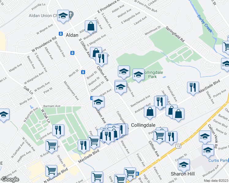 map of restaurants, bars, coffee shops, grocery stores, and more near 534 Clifton Avenue in Collingdale