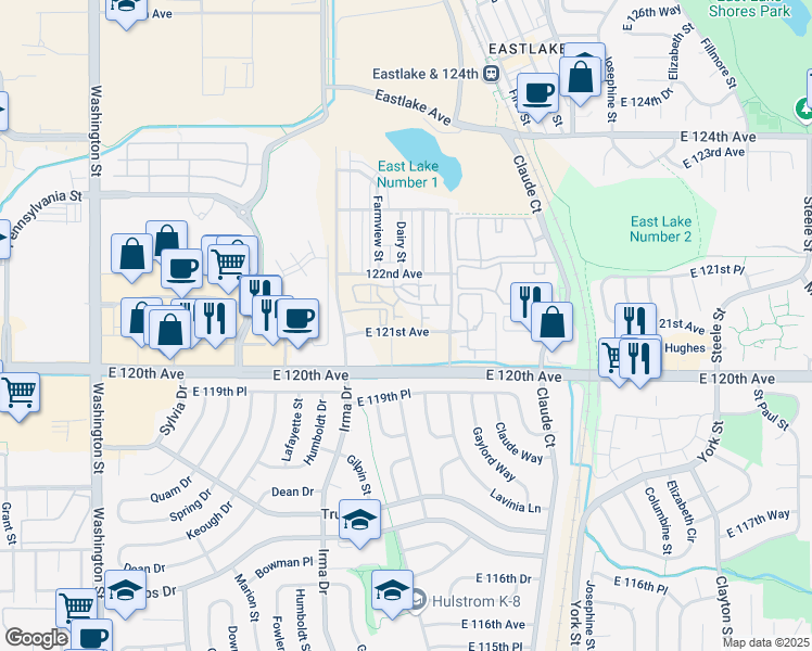 map of restaurants, bars, coffee shops, grocery stores, and more near Race Street in Northglenn