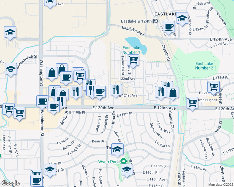 map of restaurants, bars, coffee shops, grocery stores, and more near 12015 Irma Drive in Northglenn