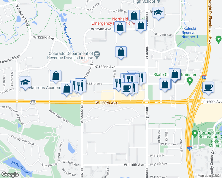map of restaurants, bars, coffee shops, grocery stores, and more near 1333 West 120th Avenue in Westminster