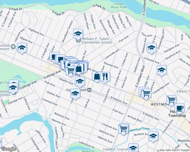 map of restaurants, bars, coffee shops, grocery stores, and more near 5 East Stiles Avenue in Collingswood