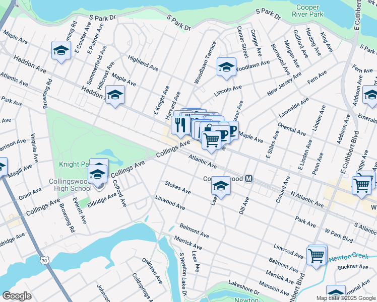 map of restaurants, bars, coffee shops, grocery stores, and more near 648 Atlantic Avenue in Collingswood