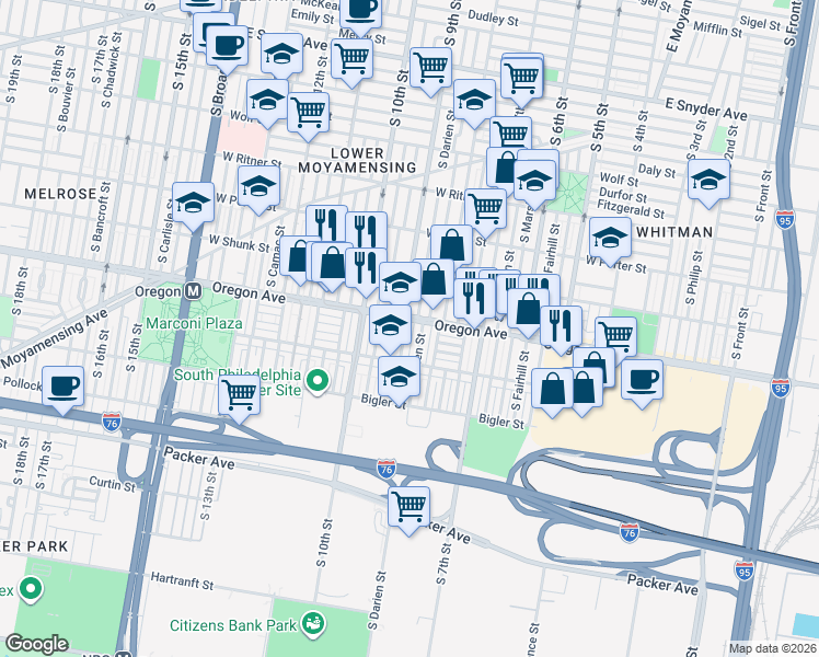 map of restaurants, bars, coffee shops, grocery stores, and more near 2719 South Darien Street in Philadelphia