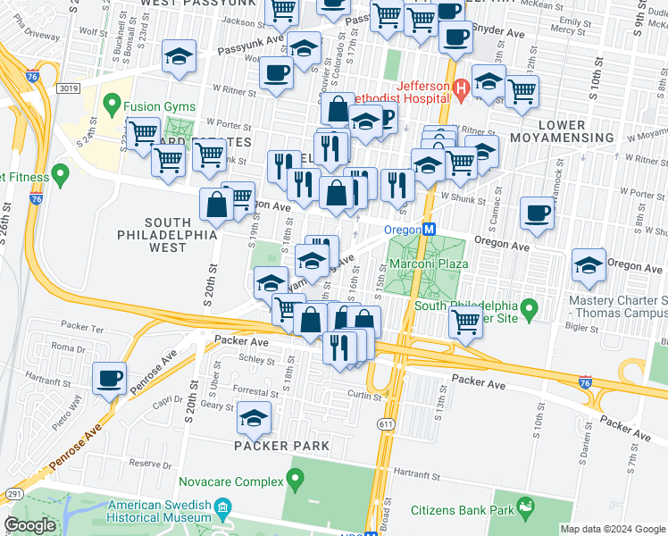 map of restaurants, bars, coffee shops, grocery stores, and more near 2840 South Smedley Street in Philadelphia