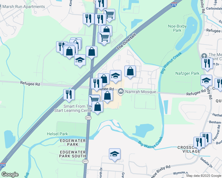 map of restaurants, bars, coffee shops, grocery stores, and more near 4611 Refugee Road in Columbus