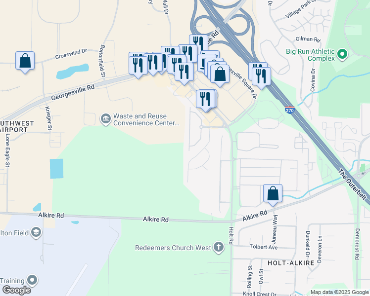 map of restaurants, bars, coffee shops, grocery stores, and more near 1855 Brandigen Lane in Columbus