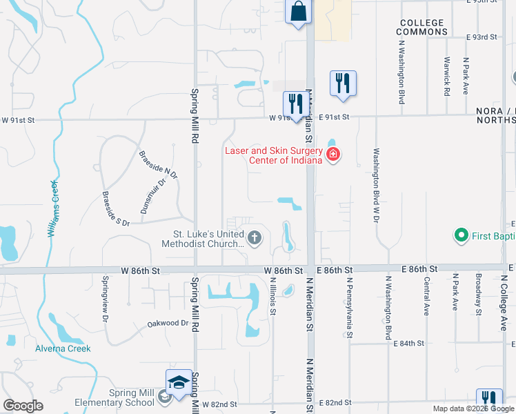 map of restaurants, bars, coffee shops, grocery stores, and more near 143 West 88th Street in Indianapolis