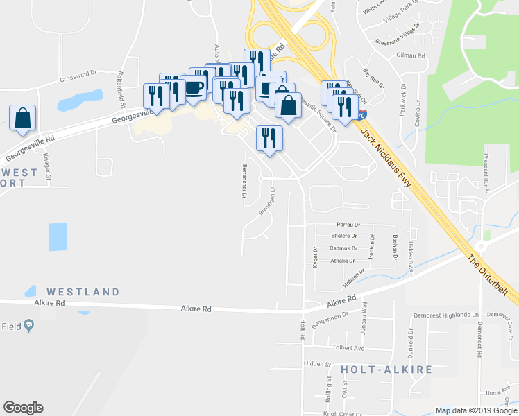map of restaurants, bars, coffee shops, grocery stores, and more near 1825 Brandigen Lane in Columbus