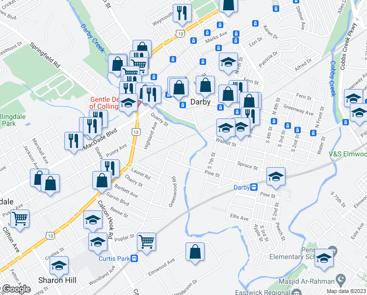 map of restaurants, bars, coffee shops, grocery stores, and more near 236 Mill Street in Darby