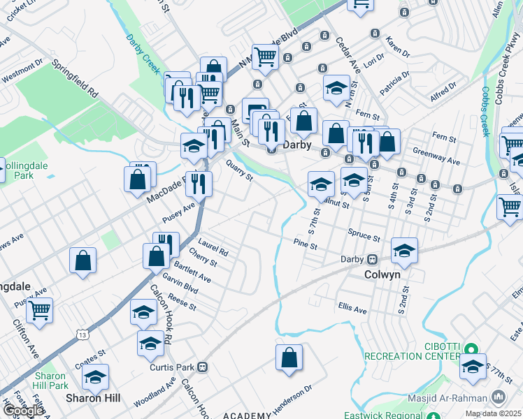 map of restaurants, bars, coffee shops, grocery stores, and more near 919 Lawrence Avenue in Darby