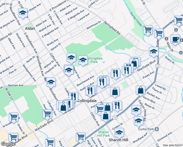 map of restaurants, bars, coffee shops, grocery stores, and more near 407 Felton Avenue in Collingdale