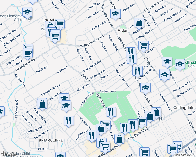 map of restaurants, bars, coffee shops, grocery stores, and more near 415 Pine Street in Glenolden