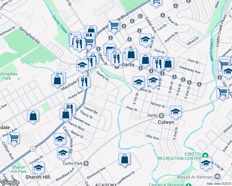 map of restaurants, bars, coffee shops, grocery stores, and more near 240 Mill Street in Darby