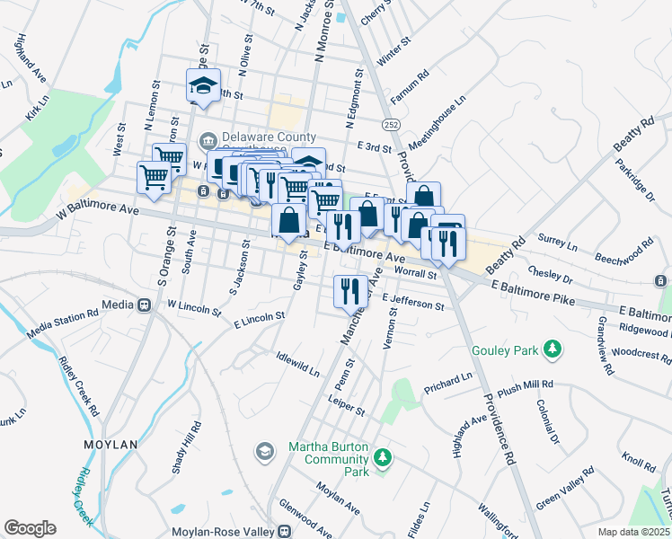 map of restaurants, bars, coffee shops, grocery stores, and more near 313 Waltons Way in Media