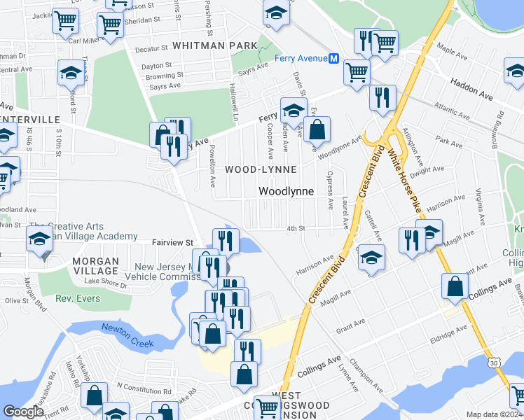 map of restaurants, bars, coffee shops, grocery stores, and more near 320 Chestnut Avenue in Oaklyn