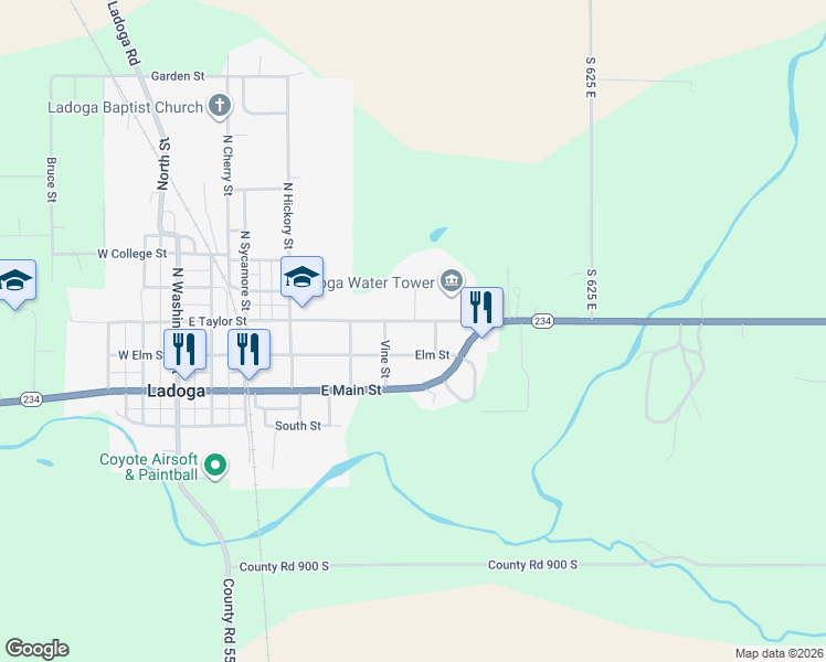 map of restaurants, bars, coffee shops, grocery stores, and more near 806 Elm Street in Ladoga