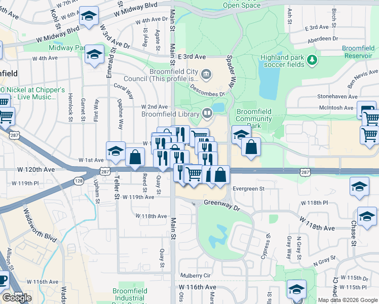 map of restaurants, bars, coffee shops, grocery stores, and more near 6775 W 120th Ave in Broomfield