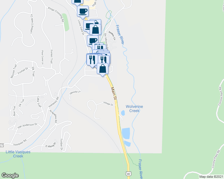 map of restaurants, bars, coffee shops, grocery stores, and more near Fraser River Trail in Winter Park