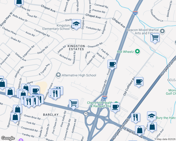 map of restaurants, bars, coffee shops, grocery stores, and more near 9 Logan Drive in Cherry Hill
